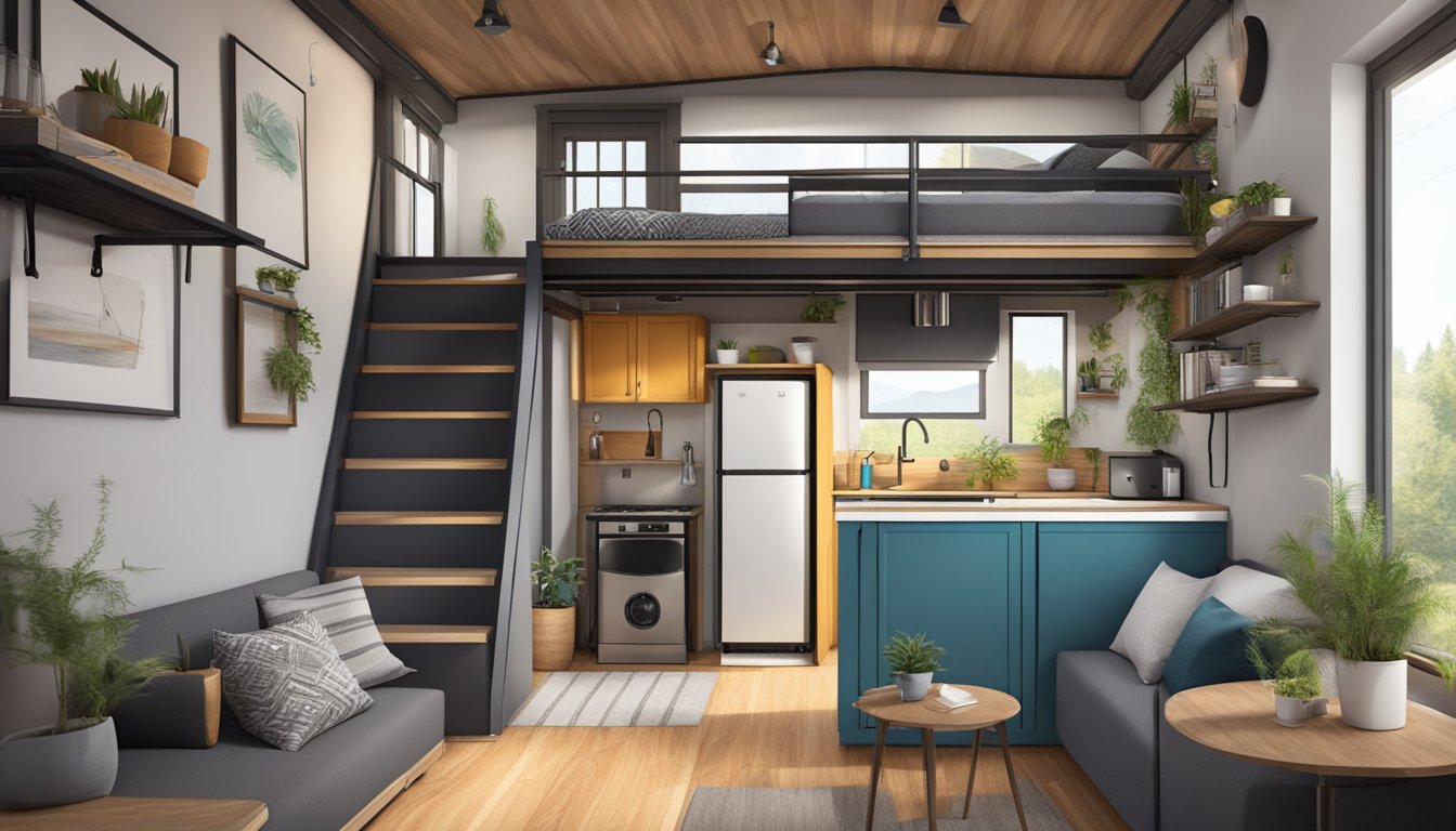 A tiny house with a loft bed, kitchen, and living area contrasts with a compact urban apartment with a small bedroom, kitchenette, and cozy living space