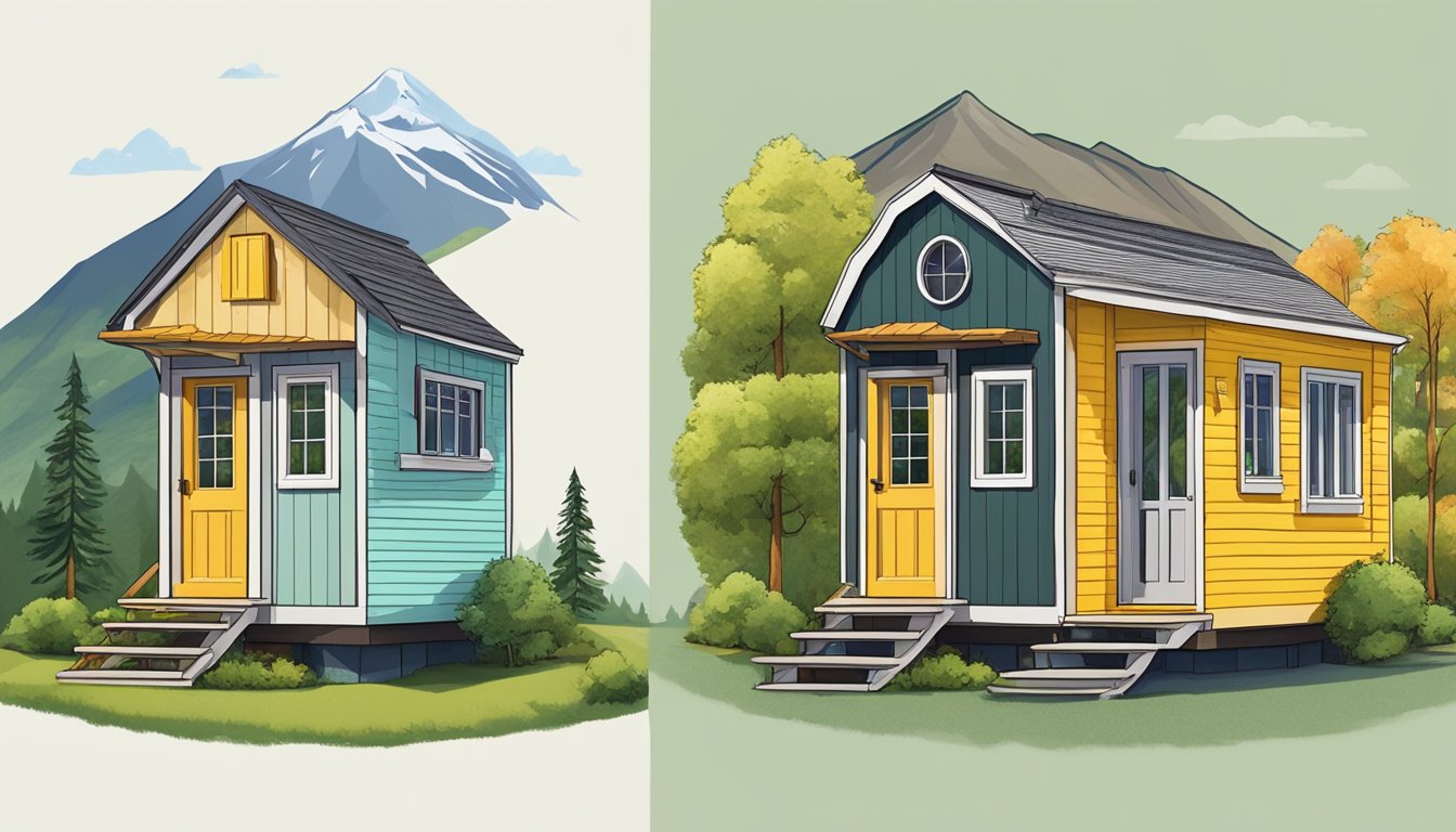 A tiny house and an apartment side by side, surrounded by trees and a mountain view, with a cost comparison chart on a table