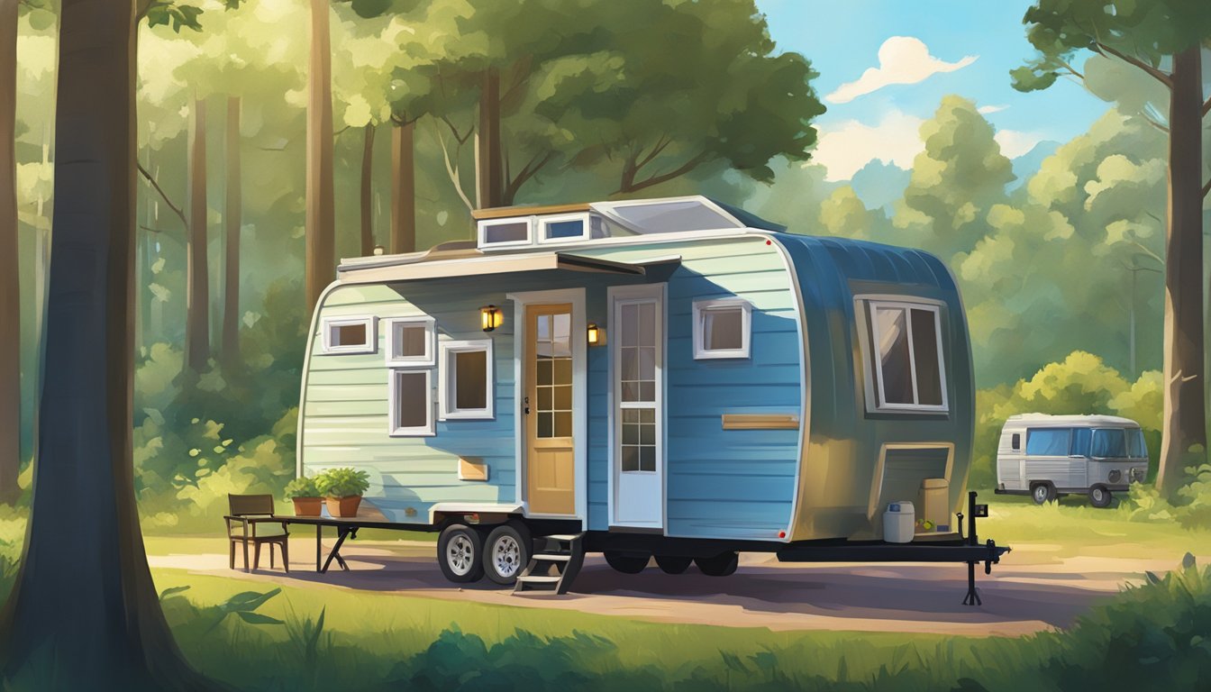 A tiny house parked next to a travel trailer, surrounded by lush green trees and a clear blue sky