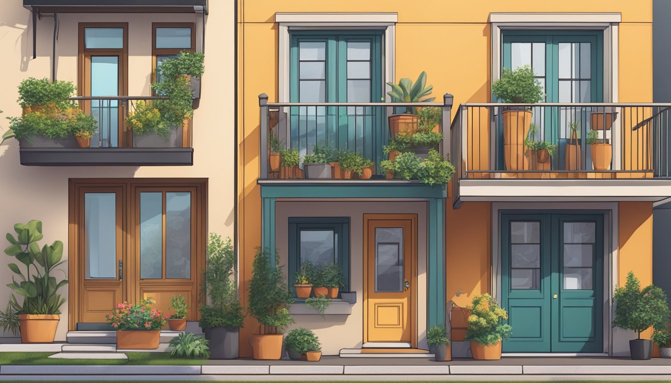 A tiny house with a neatly maintained exterior sits next to a well-kept apartment building with potted plants and a tidy communal area