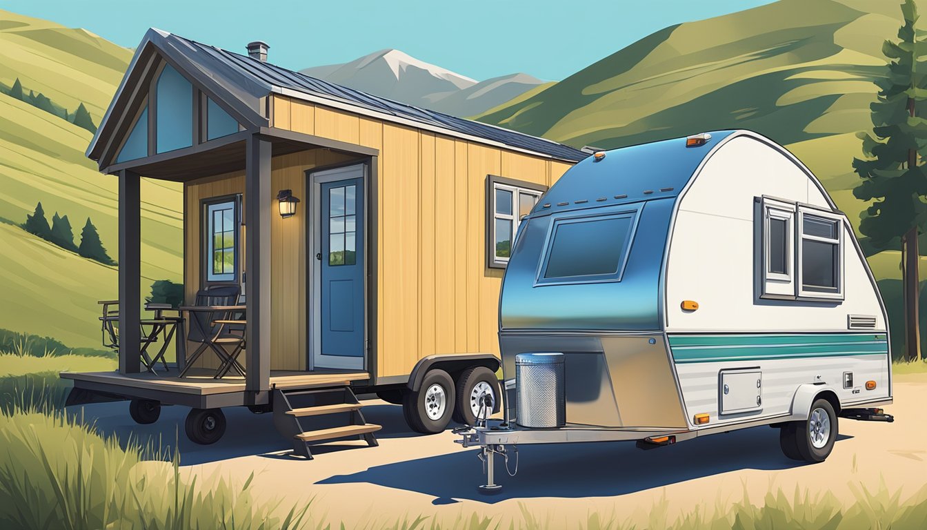 A tiny house and a travel trailer parked side by side, surrounded by a scenic landscape with a clear blue sky and rolling hills in the background