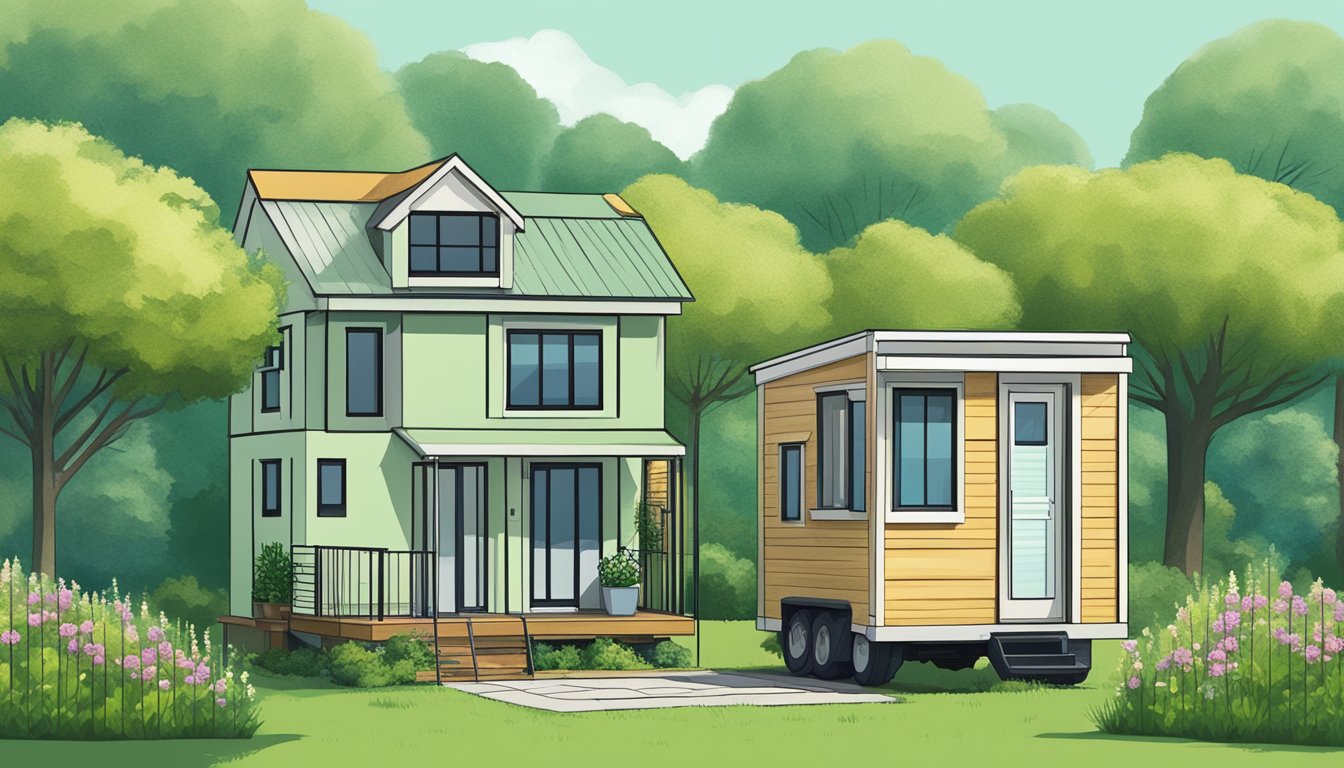 A tiny house sits on a lush green plot of land, while an apartment building towers in the background. The contrast between the two types of housing symbolizes the diversity of the real estate market