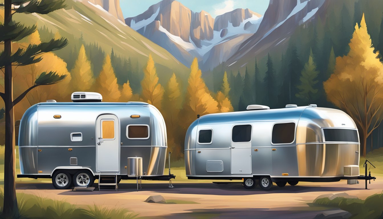 A tiny house and an airstream parked side by side in a scenic landscape, with a clear view of the interior and exterior features of both structures