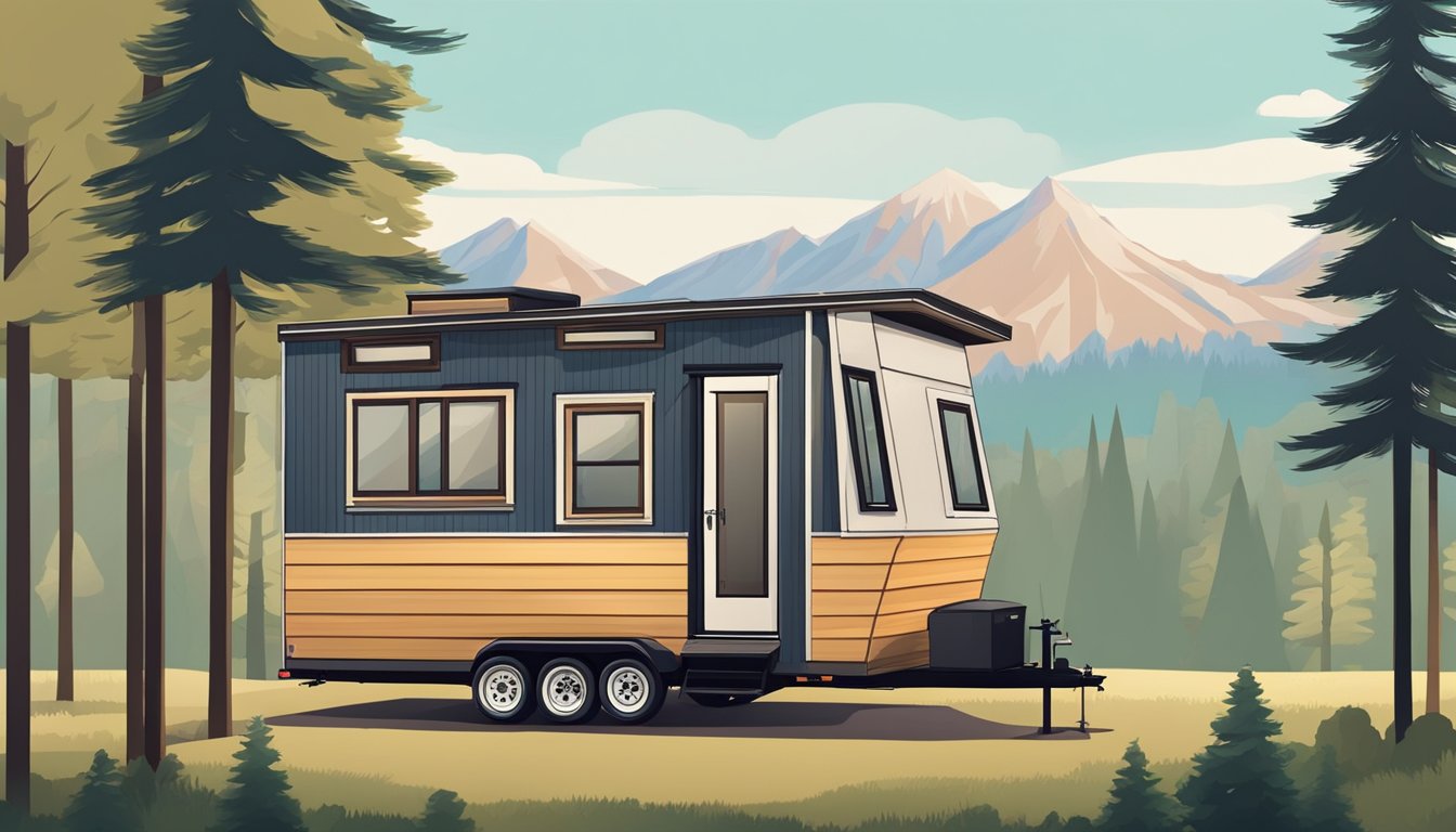 A tiny house and a travel trailer parked side by side, surrounded by trees and a mountain backdrop. The tiny house has a modern design with large windows, while the trailer has a sleek, compact shape