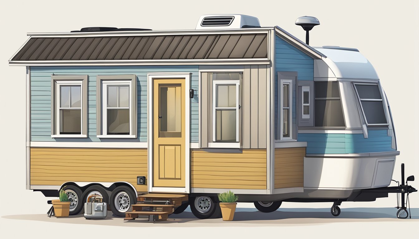 A tiny house and a travel trailer parked side by side, with a backdrop of legal documents and regulatory guidelines