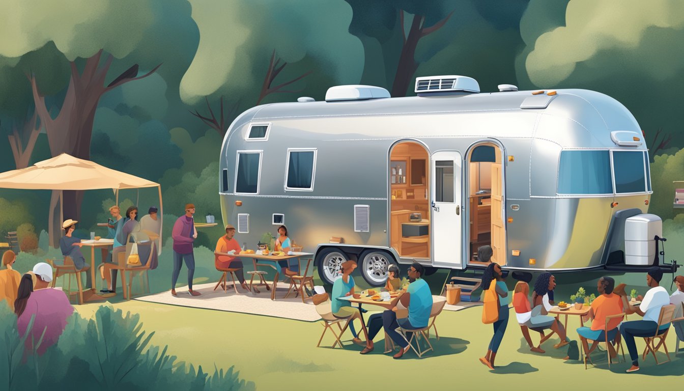 A tiny house and an airstream parked side by side, surrounded by a diverse group of people engaged in conversation and sharing a communal meal