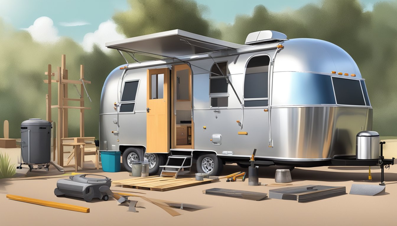 A tiny house and an airstream sit side by side, surrounded by tools and construction materials. The tiny house shows signs of ongoing renovation, while the airstream gleams in the sunlight