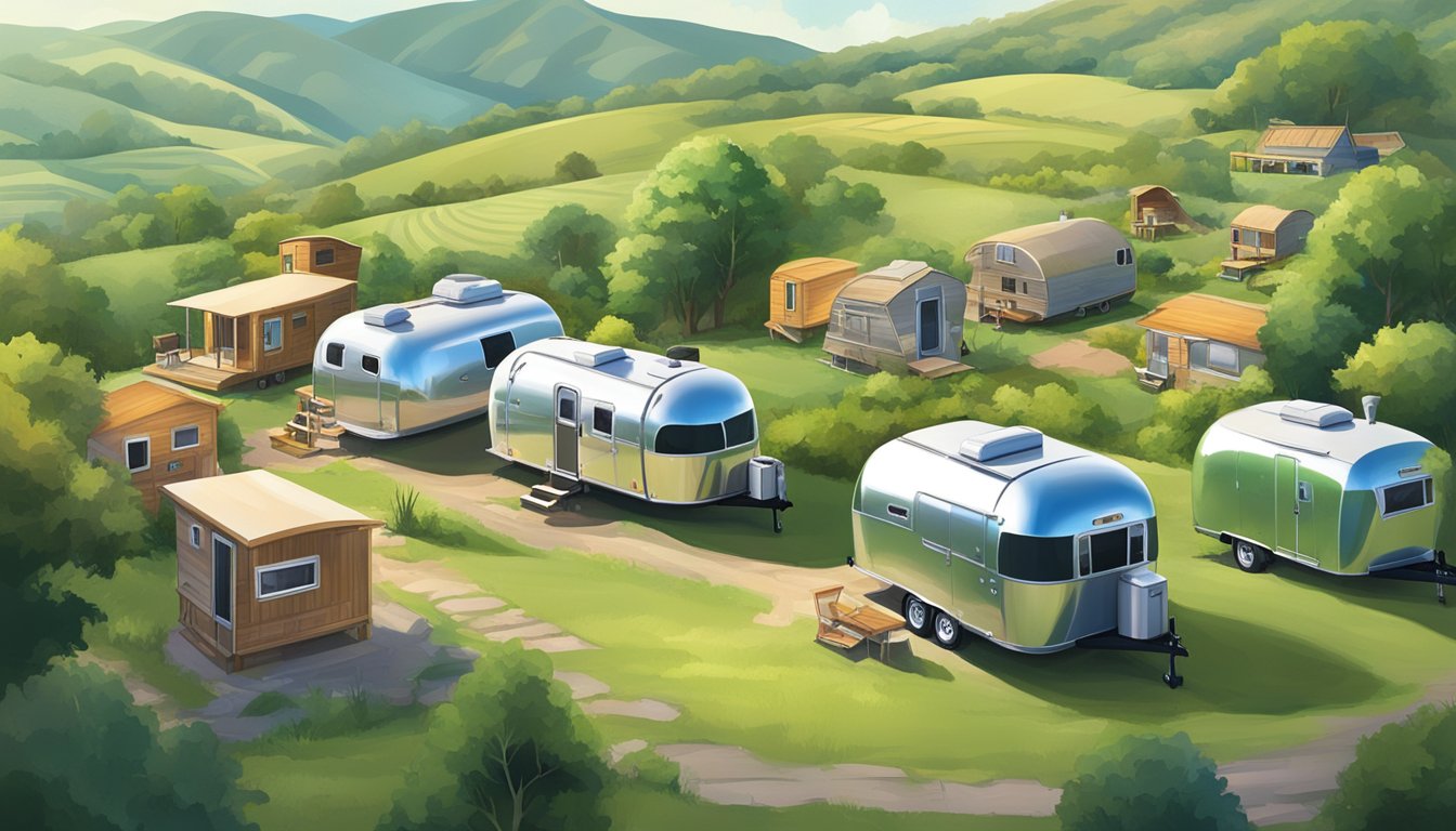 A serene countryside with a mix of tiny homes and Airstream trailers nestled among rolling hills and lush greenery