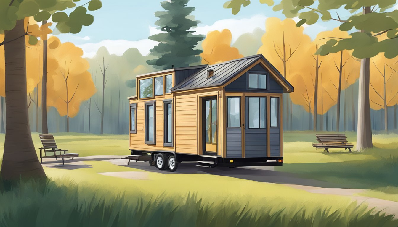 A tiny house sits on wheels in a tranquil wooded setting, contrasting with a larger, stationary mobile home nearby