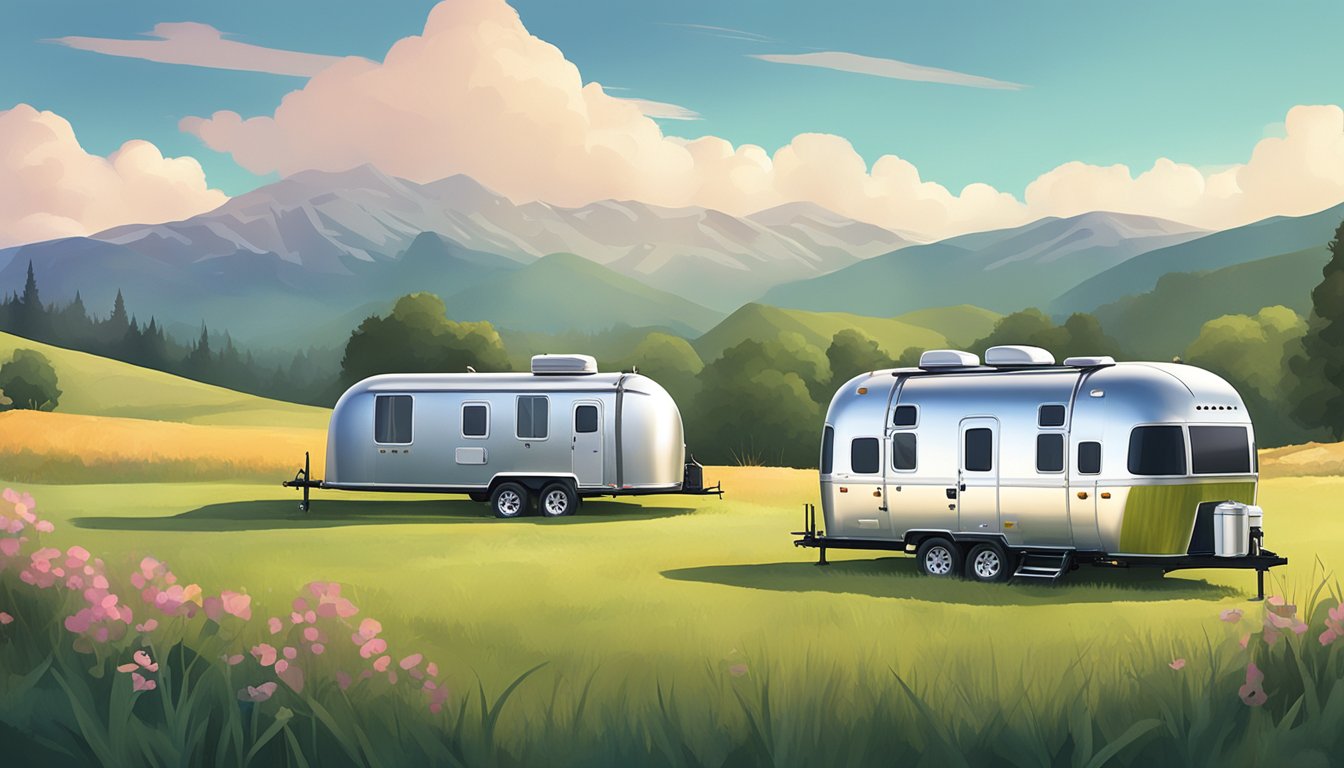 A tiny house and an airstream parked side by side in a tranquil meadow with rolling hills in the background