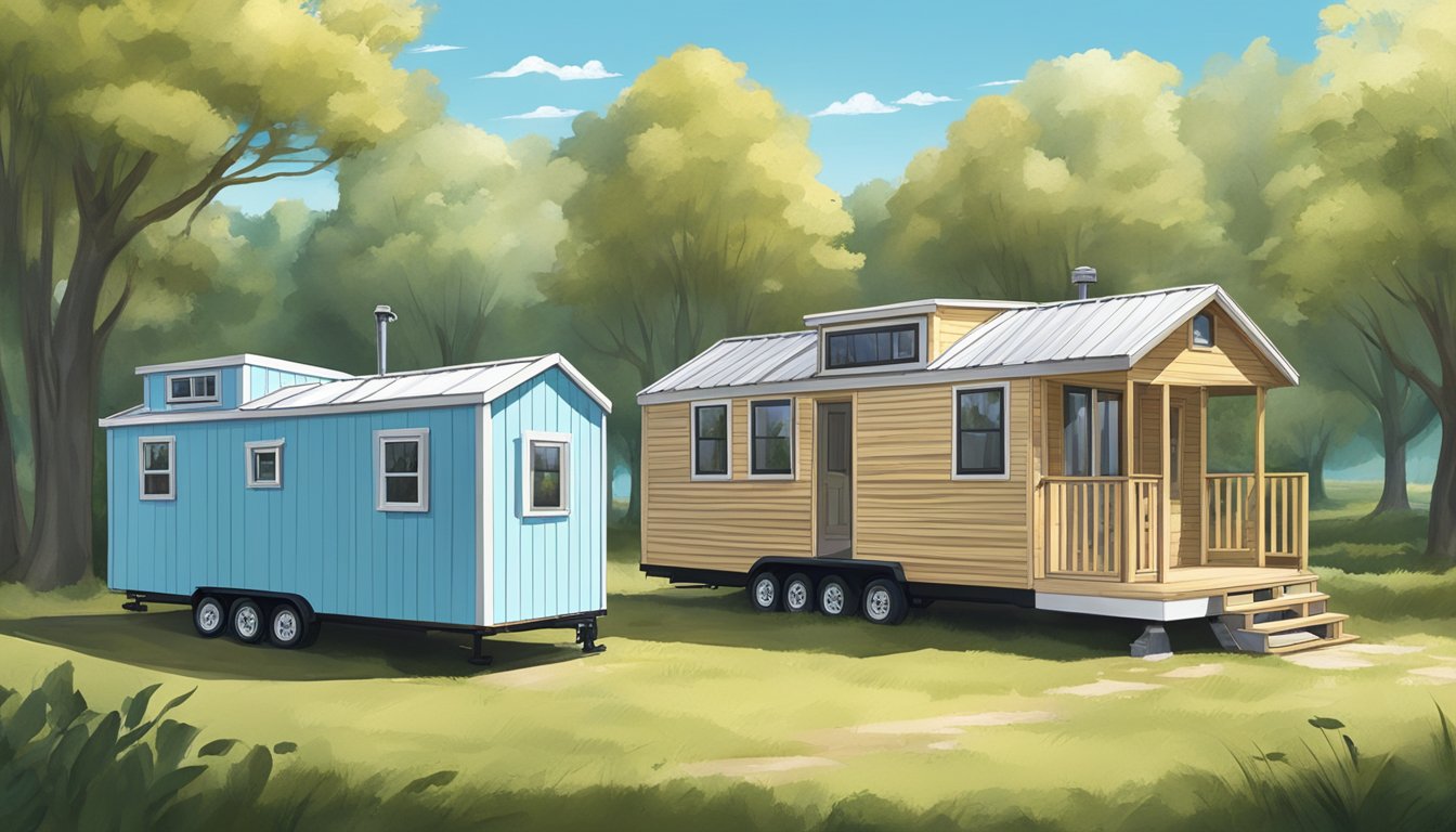 A tiny house and a mobile home parked side by side in a rural setting, surrounded by trees and a clear blue sky