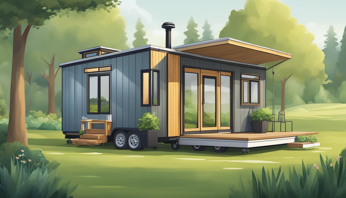 A tiny house and a mobile home side by side, surrounded by a lush green landscape. The tiny house is compact and modern, while the mobile home is larger and more traditional in design