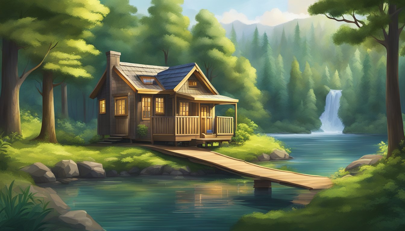 A cozy tiny house nestled in a lush, green forest, surrounded by towering trees and a winding river