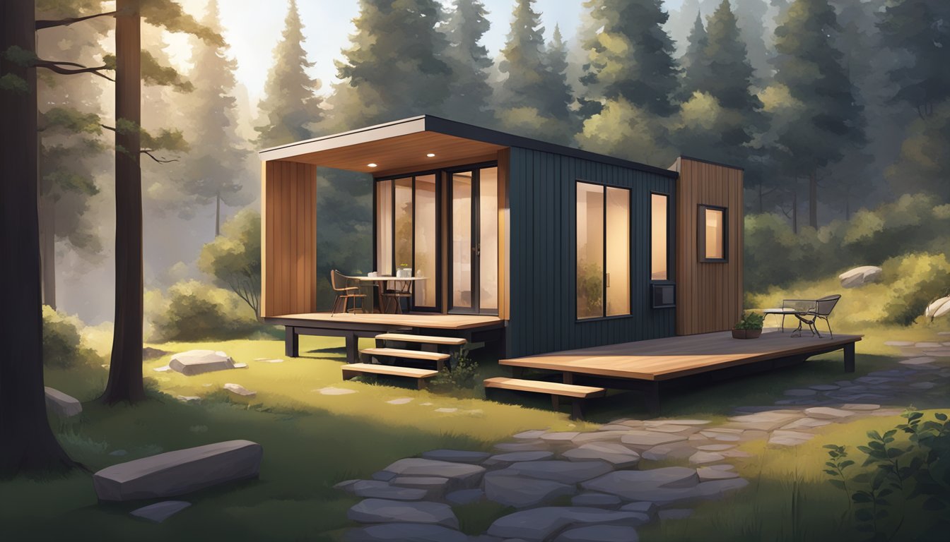 A cozy, minimalist tiny house with sleek design and efficient use of space, surrounded by nature and a sense of tranquility