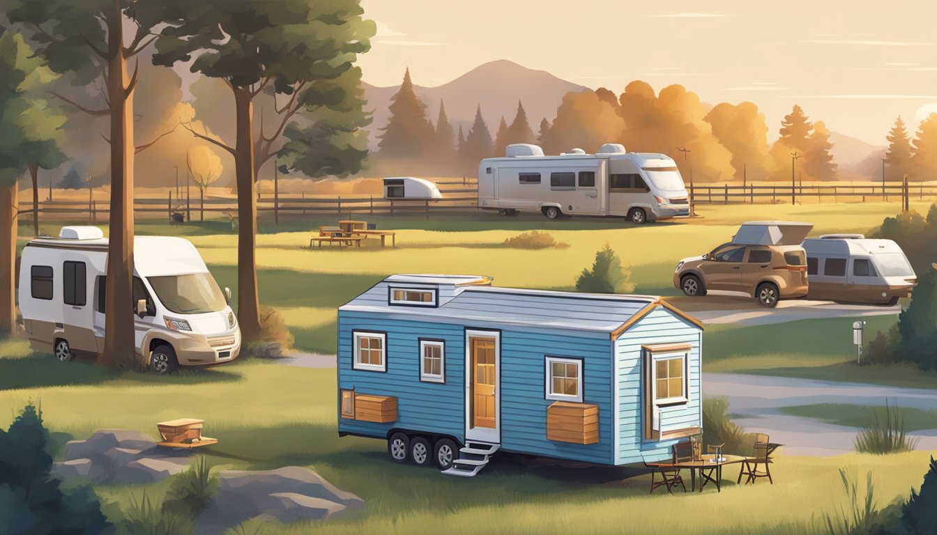 A tiny house nestled in a serene countryside setting, while a mobile home is parked in a bustling RV park with other vehicles nearby