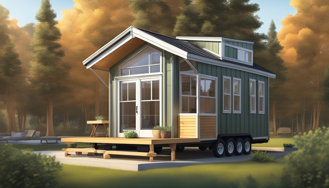 A cozy tiny house with a lofted bed, a compact kitchen, and a small living area. The exterior features a porch and large windows