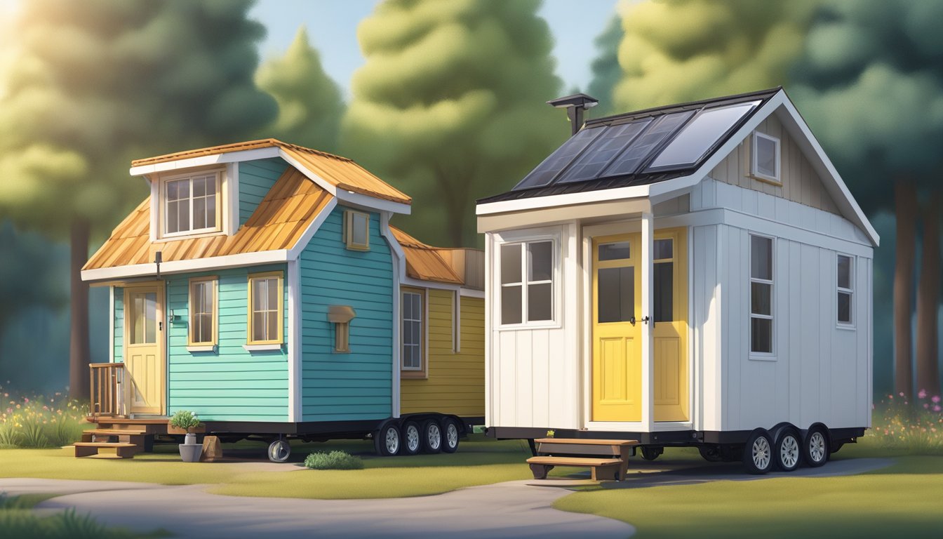 A tiny house and a mobile home side by side, with legal documents and compliance regulations displayed nearby