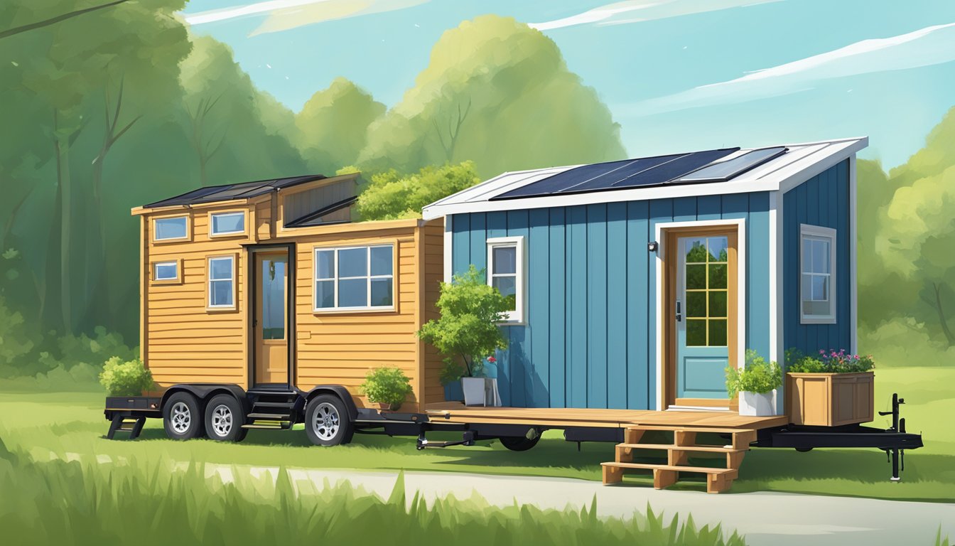 A tiny house on wheels parked next to a tiny home on a trailer, surrounded by lush greenery and a clear blue sky