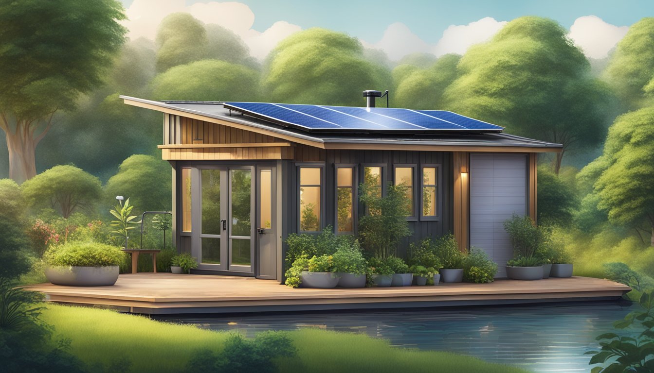 A tiny house surrounded by lush greenery, with solar panels on the roof and a rainwater collection system