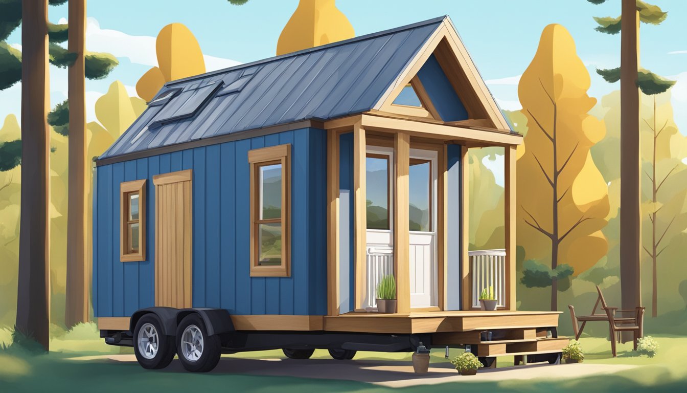 A tiny house and tiny home side by side, surrounded by trees and a clear blue sky. The tiny house is on wheels, while the tiny home is a stationary structure with a small garden