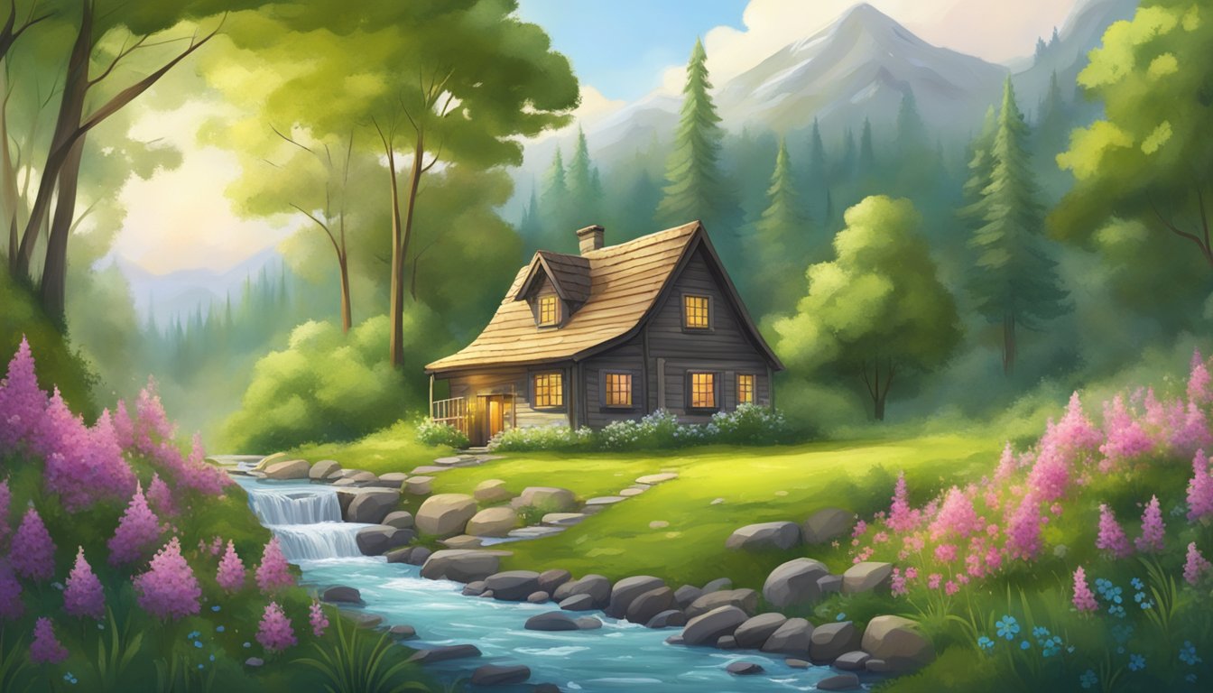 A cozy small house nestled in a lush, green forest clearing, surrounded by wildflowers and a bubbling stream