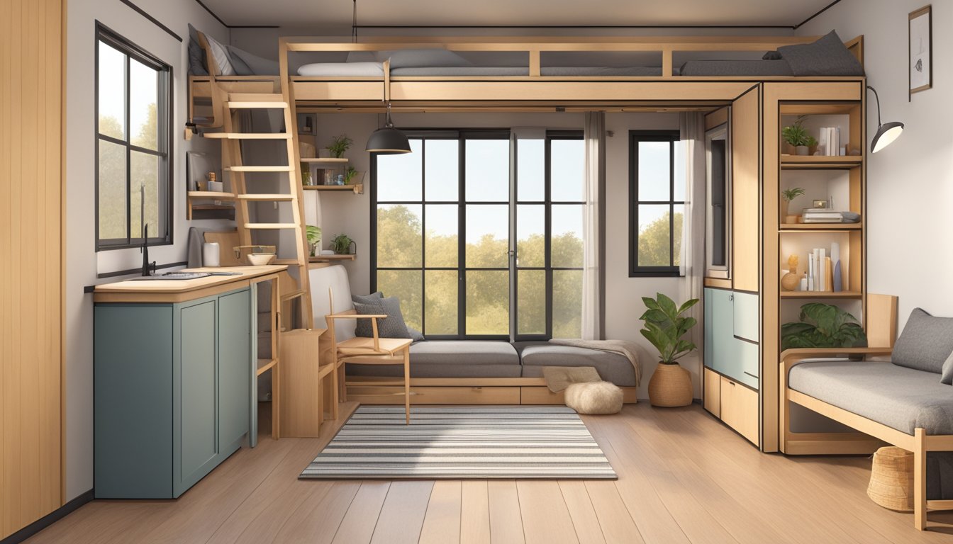 A cozy, minimalist tiny house with clever space-saving design, featuring a loft bed, fold-out furniture, and large windows for natural light