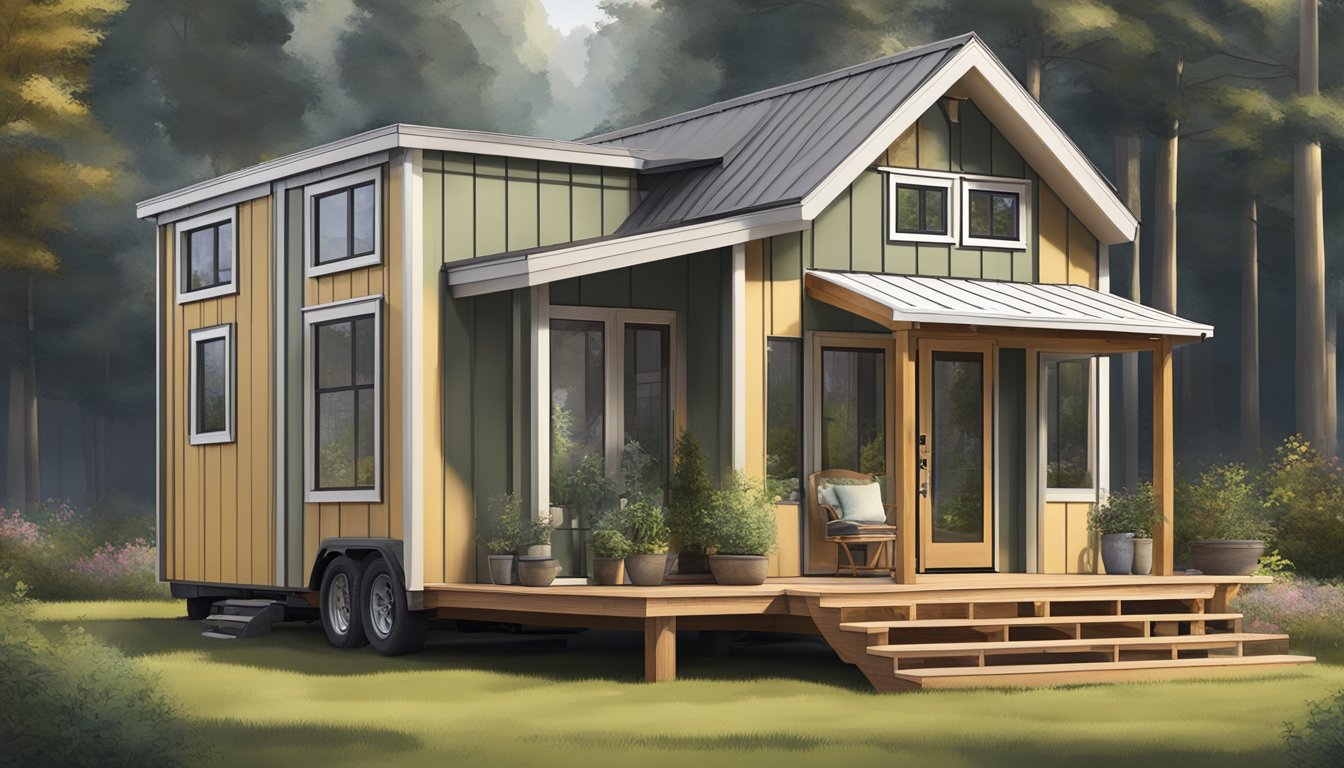 A cozy, compact tiny home nestled in a serene natural setting, with a porch, large windows, and unique custom features