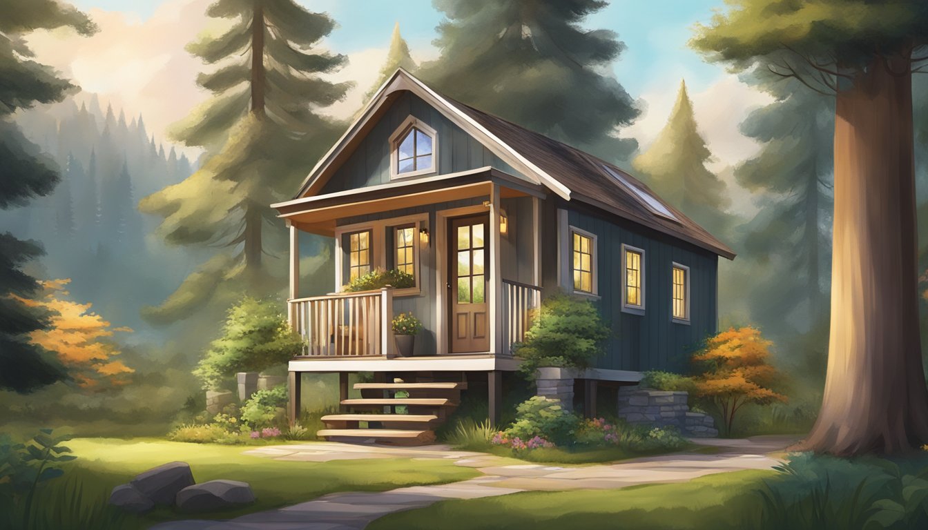 A tiny house nestled among tall trees, with a cozy porch and a small garden, surrounded by nature