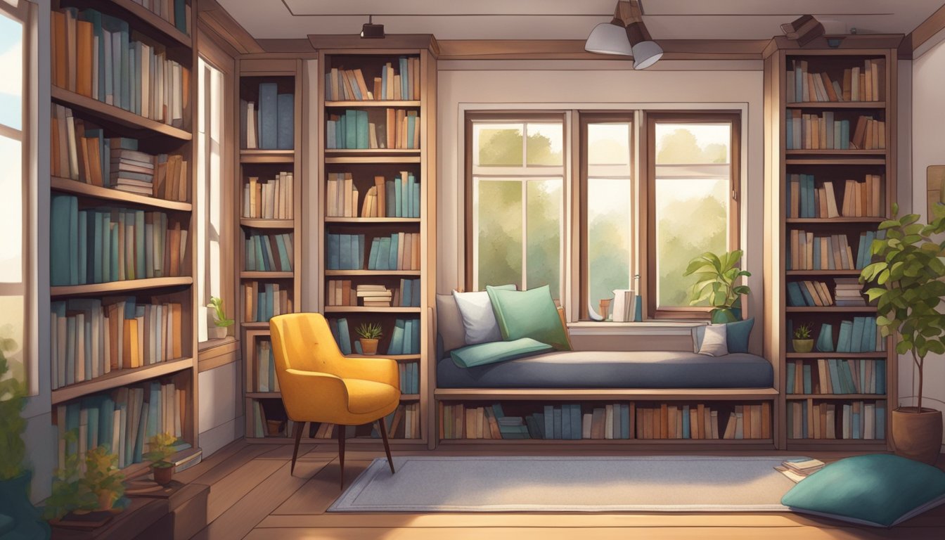 A tiny house transformed into a cozy library, with shelves filled with books and a comfortable reading nook by the window