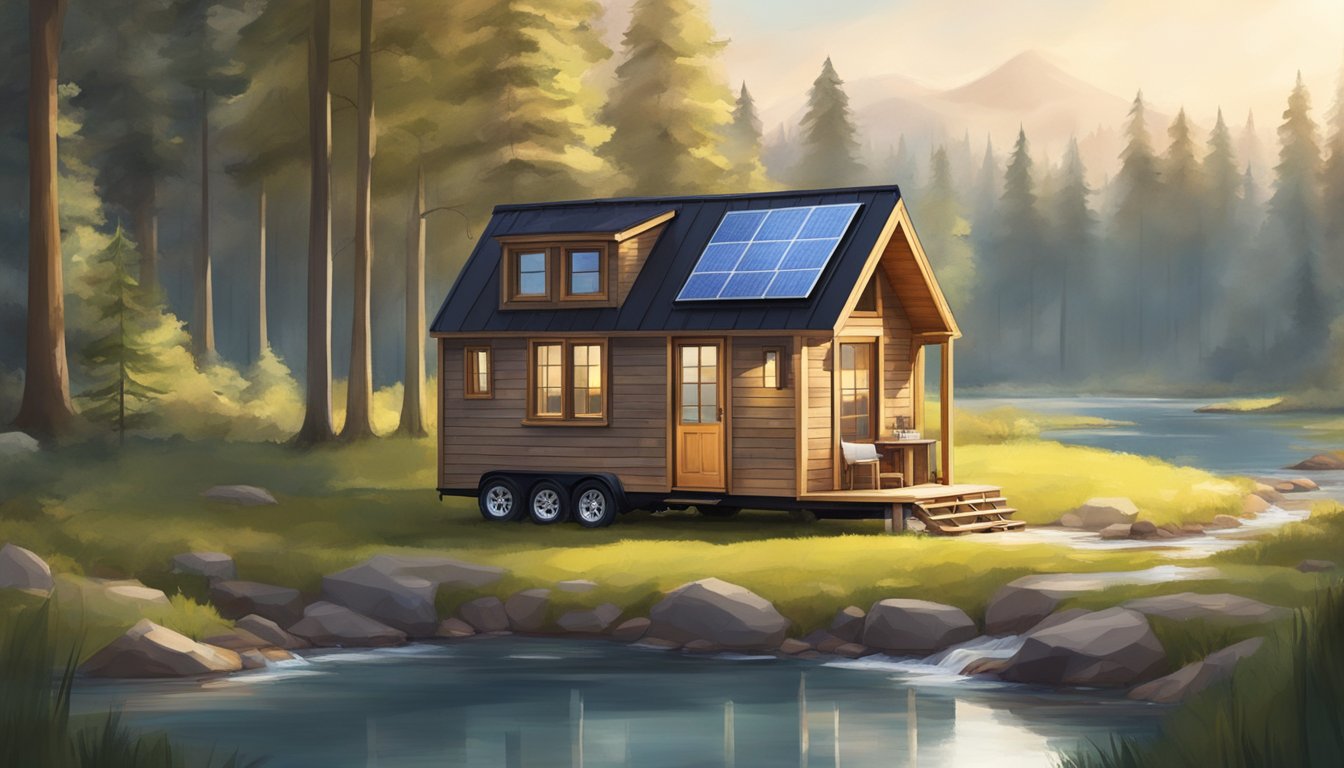 A tiny house on wheels in a serene natural setting, surrounded by trees and a small stream, with a cozy interior and solar panels on the roof