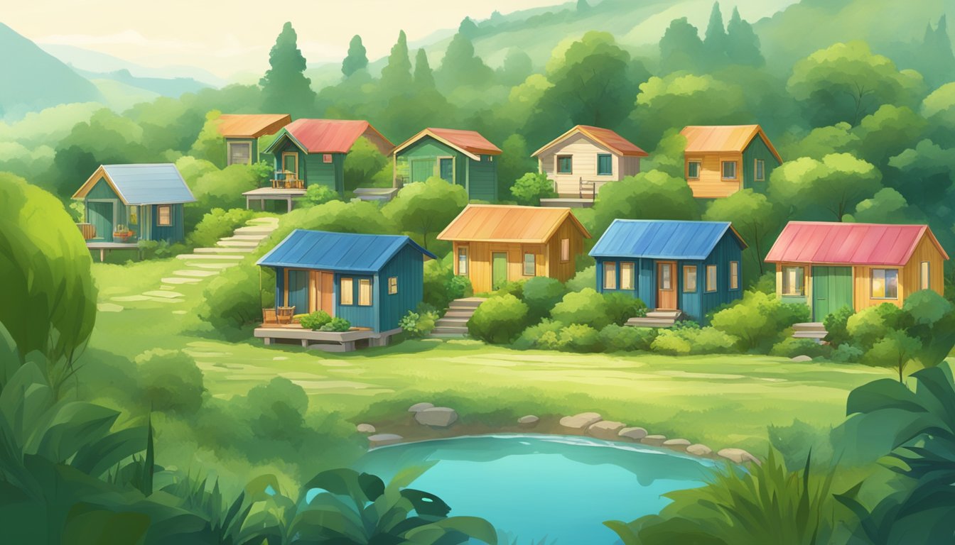 A serene landscape with several tiny homes nestled among lush greenery, exuding a sense of peace and tranquility