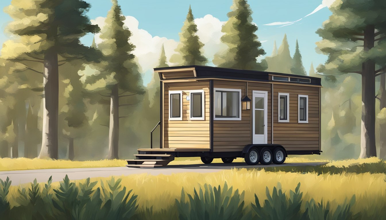 A tiny house on wheels parked in a serene natural setting, surrounded by trees and with a clear view of the sky