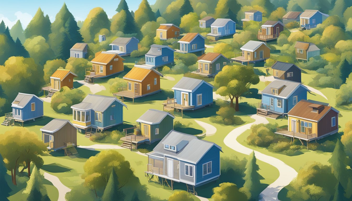 A variety of tiny houses nestled in a natural setting with trees and a clear blue sky in the background