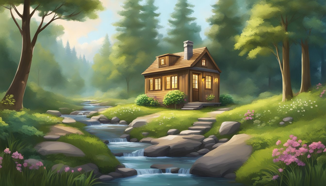 A cozy tiny house nestled in a serene natural setting, surrounded by lush greenery and a babbling brook