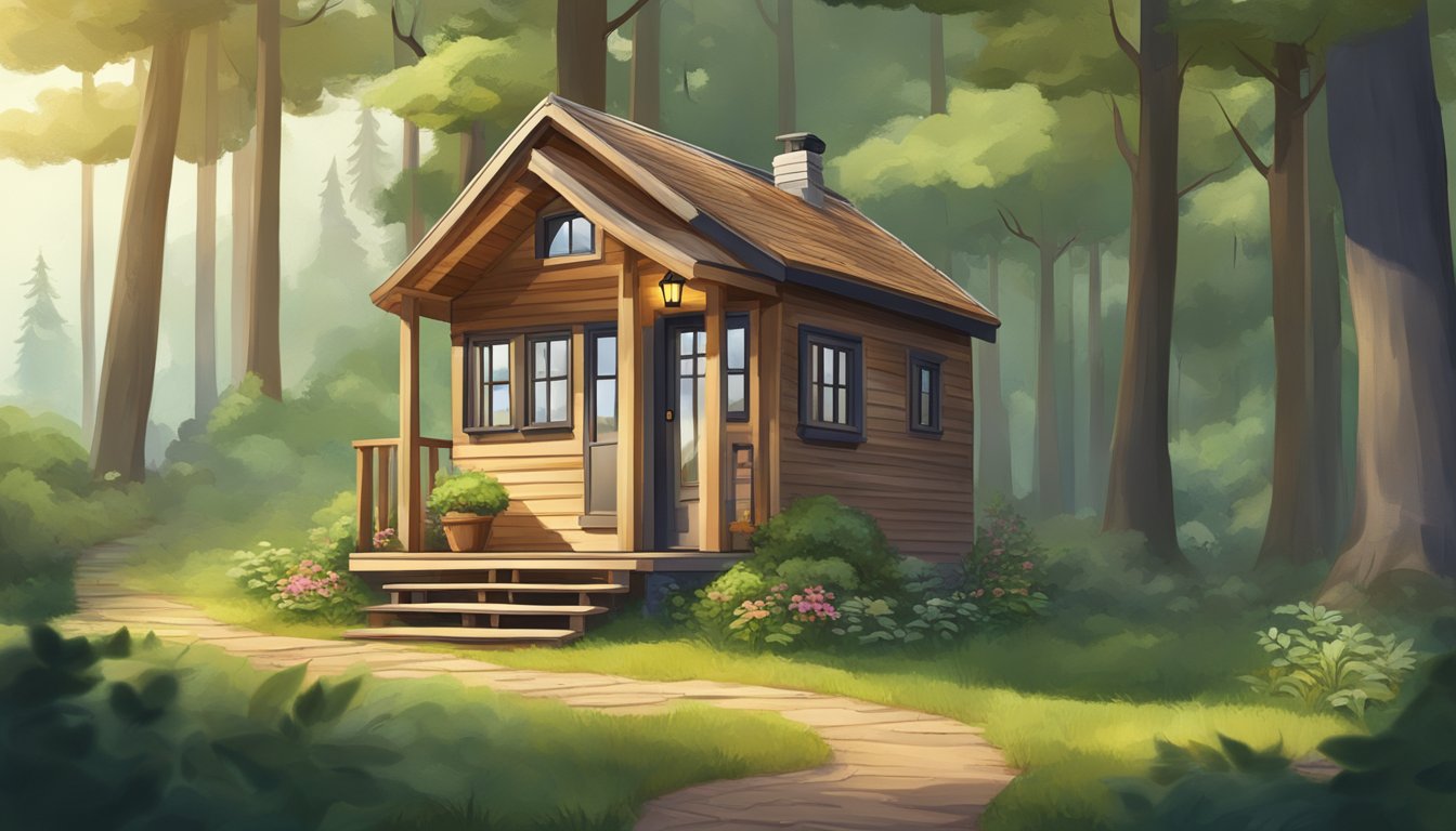 A cozy tiny house nestled in a lush forest clearing, with a small garden and a winding path leading up to the front door