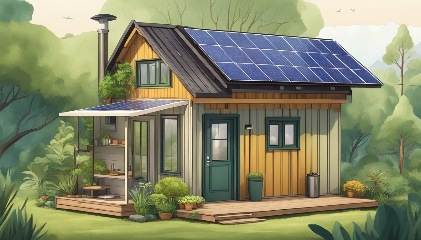 A tiny house surrounded by lush greenery, solar panels on the roof, a composting toilet, and a rainwater collection system