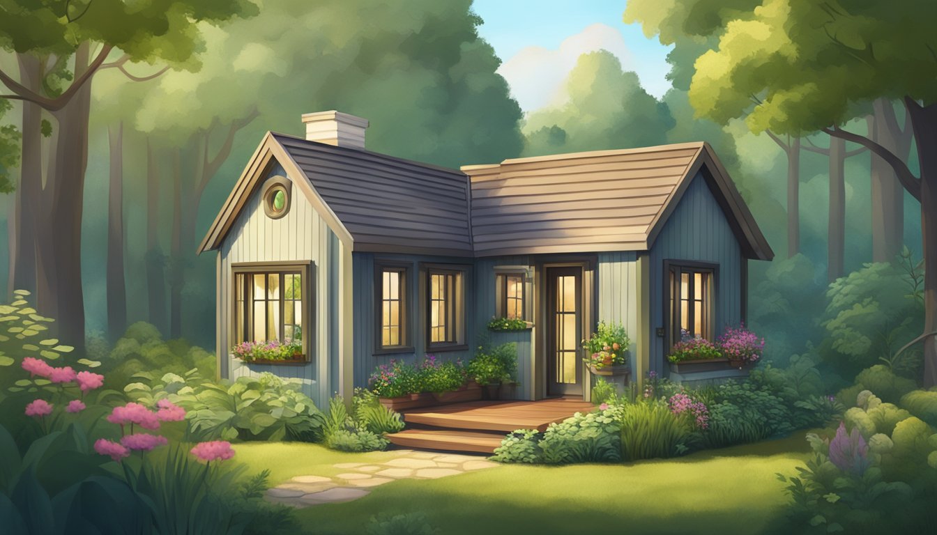 A cozy tiny house nestled in a serene forest clearing, surrounded by lush greenery and a small vegetable garden