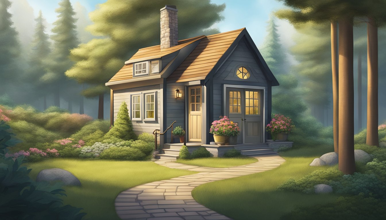 A quaint tiny house nestled among tall trees, with a small garden and a winding path leading up to the front door