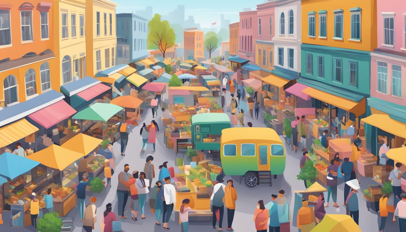 A bustling market with colorful tiny homes on display, surrounded by curious shoppers and vendors