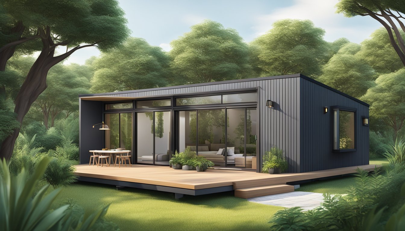 A modern tiny house surrounded by lush greenery, featuring sleek lines, large windows, and a minimalist design