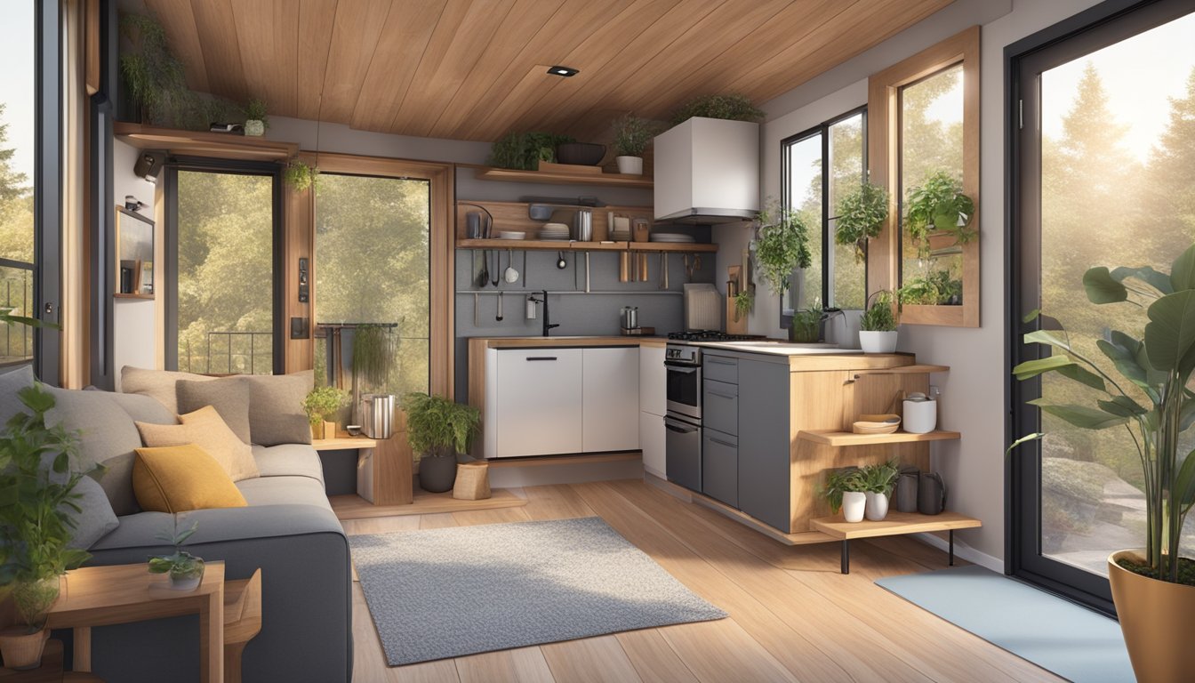 A cozy tiny house with multi-functional furniture, efficient storage solutions, and sustainable design elements