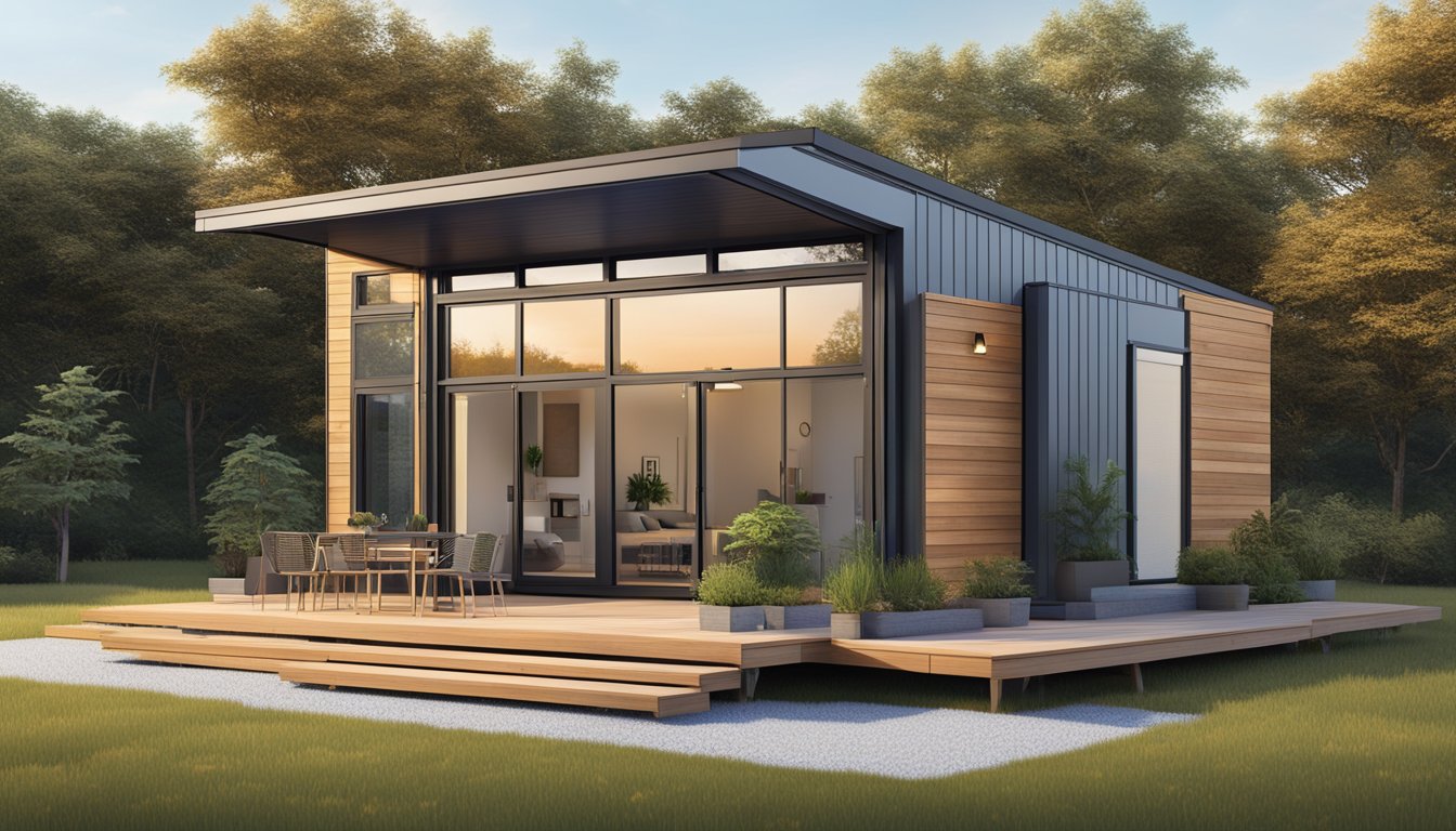 A modern tiny house with sleek design, large windows, solar panels, and outdoor deck with minimalist landscaping