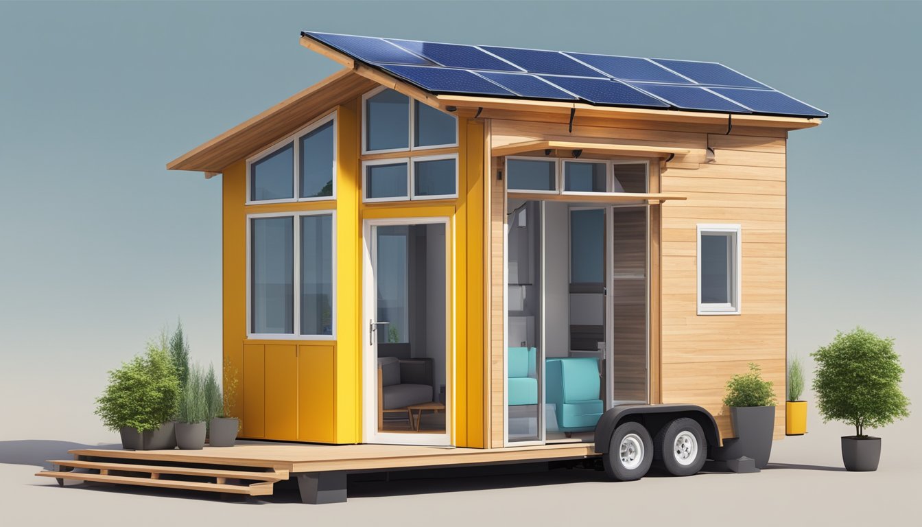 A modern tiny house with solar panels, rainwater collection system, and efficient space-saving furniture