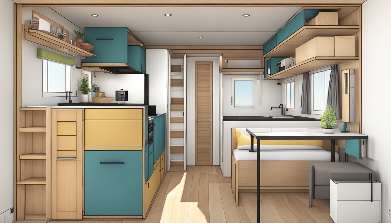 The inside of a mobility tiny house, with a fold-down bed, compact kitchen, and space-saving storage solutions