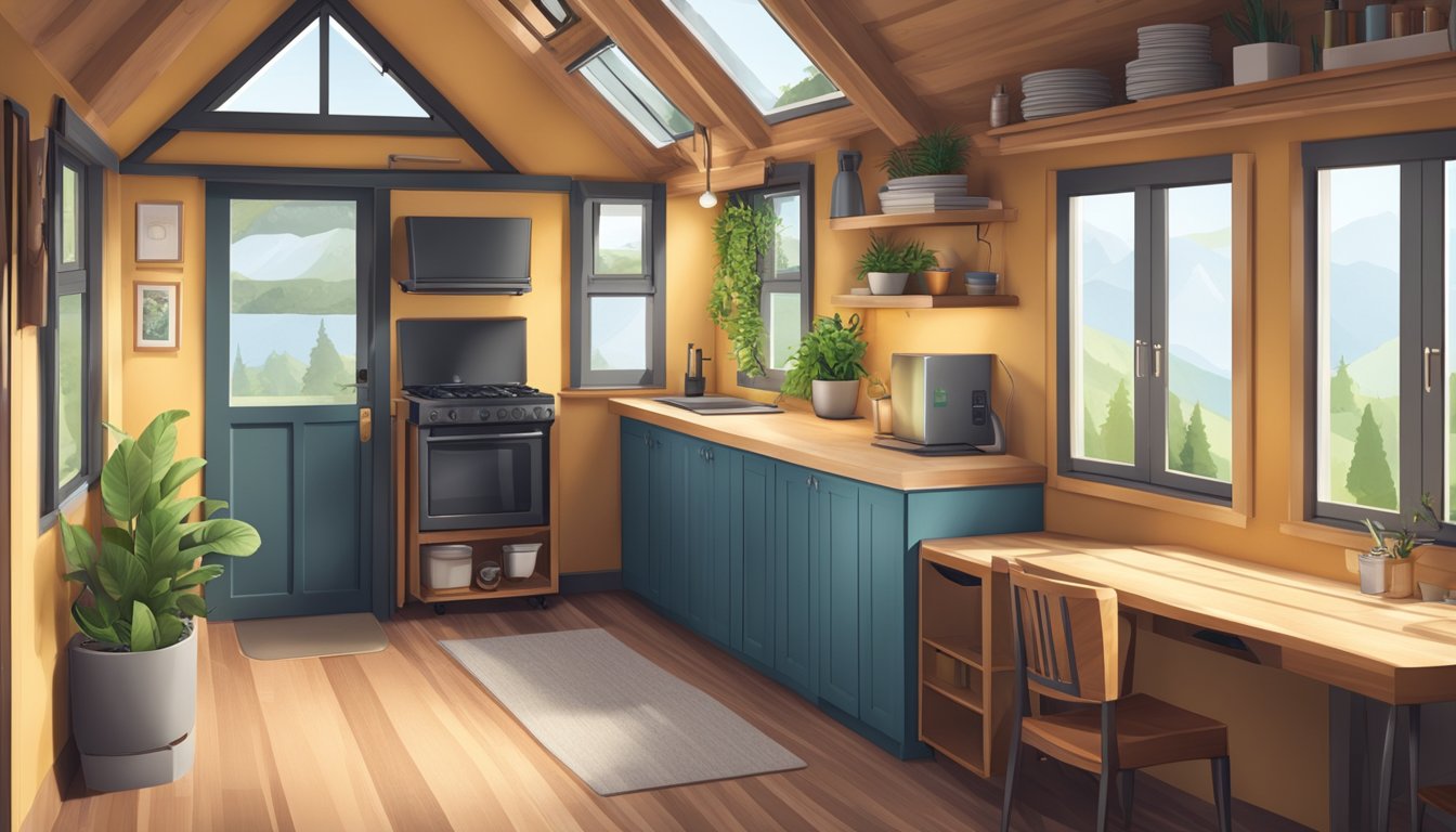 A cozy tiny house interior with a loft bedroom, compact kitchen, and living area with large windows and space-saving furniture