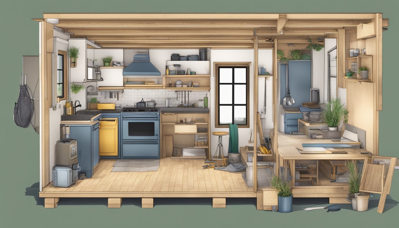 A tiny house under construction, with tools, materials, and appliances scattered around the interior, as the builder plans out the layout and design