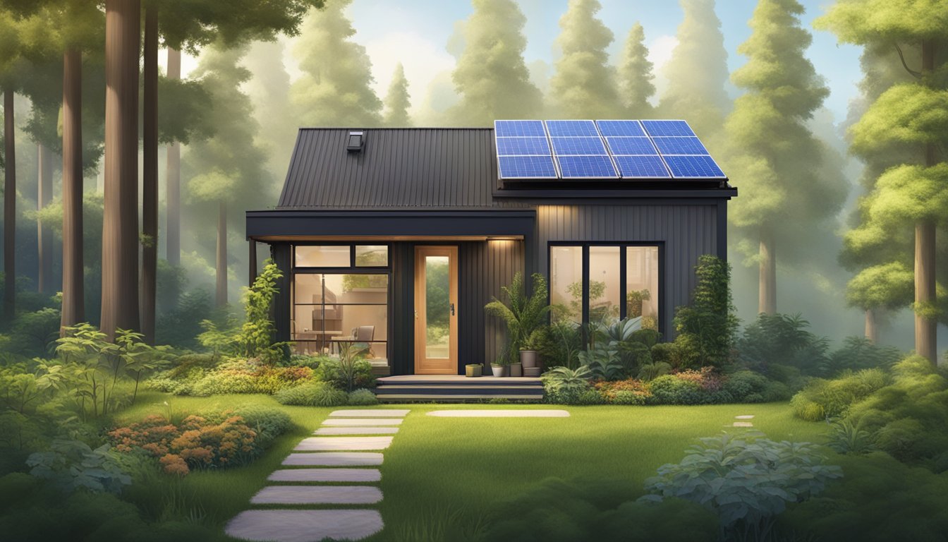 A tiny house nestled in a lush forest, with solar panels on the roof and a small garden outside