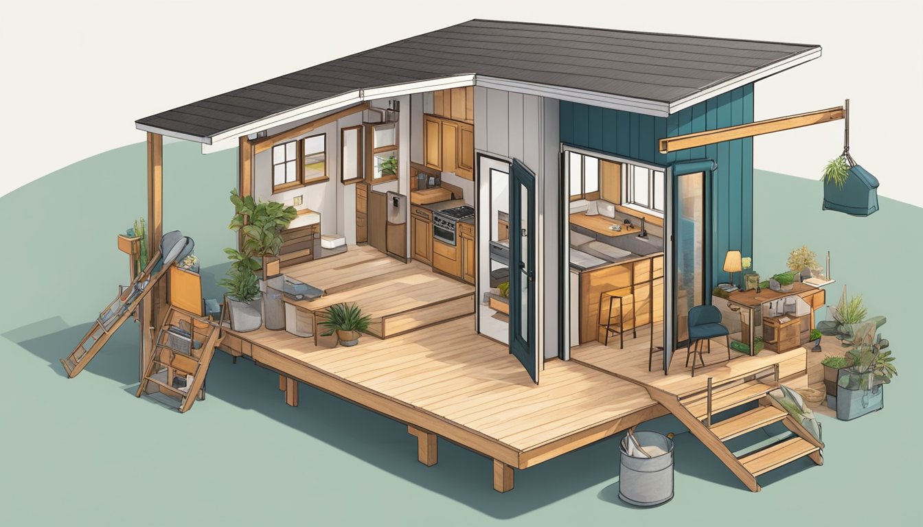 A tiny house being built with various construction tools and materials scattered around, while a person customizes the interior with furniture and decor