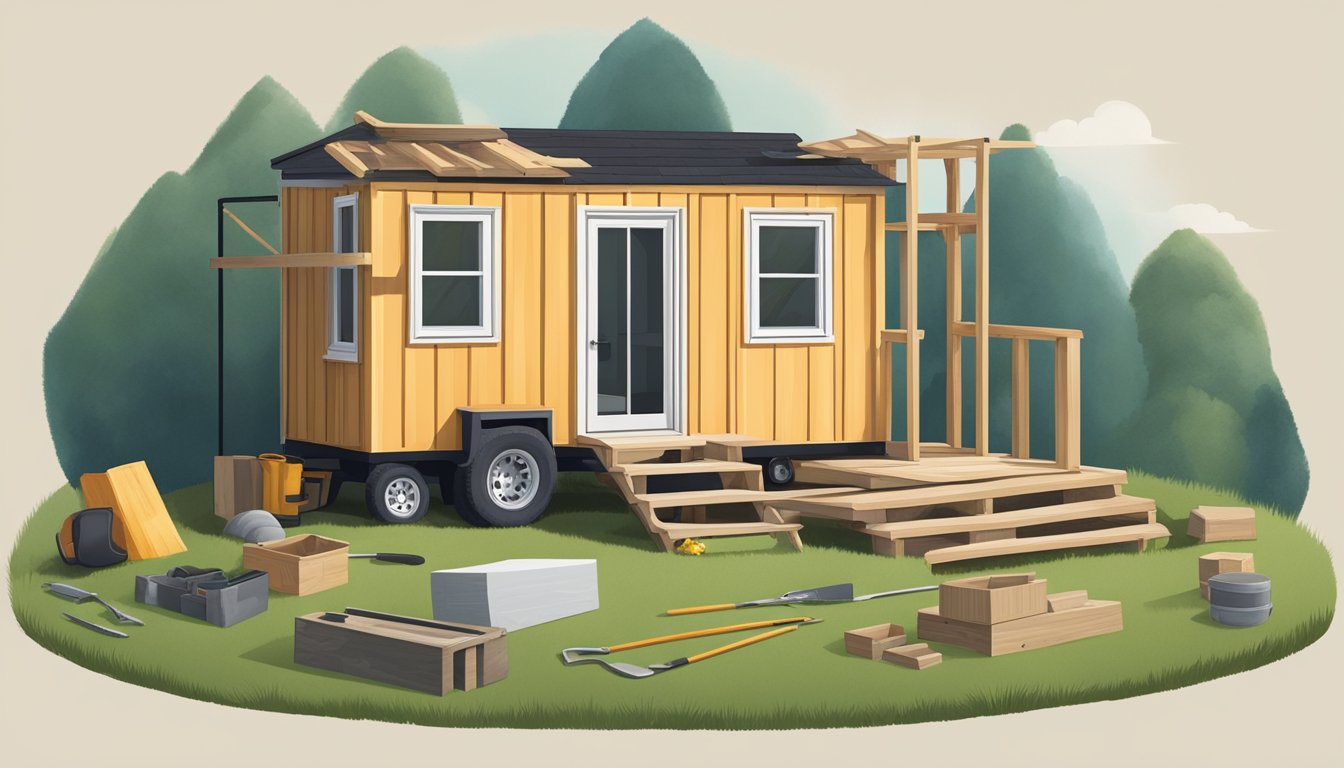 A tiny house sits on a grassy plot, surrounded by construction tools and materials. The exterior is complete, with a ladder leaning against the side