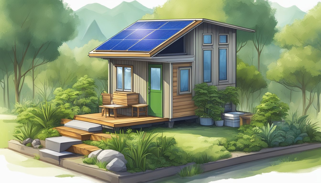 A tiny house surrounded by lush greenery and solar panels, with a composting toilet and rainwater collection system